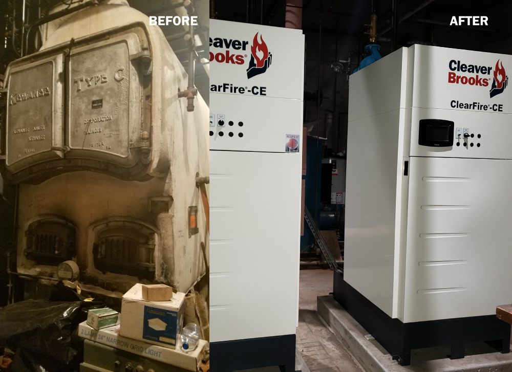 Two images of boilers are juxtaposed side by side, with an old, large boiler with the word "BEFORE"  on the left, and two new, compact boilers with the word "AFTER" on the right.